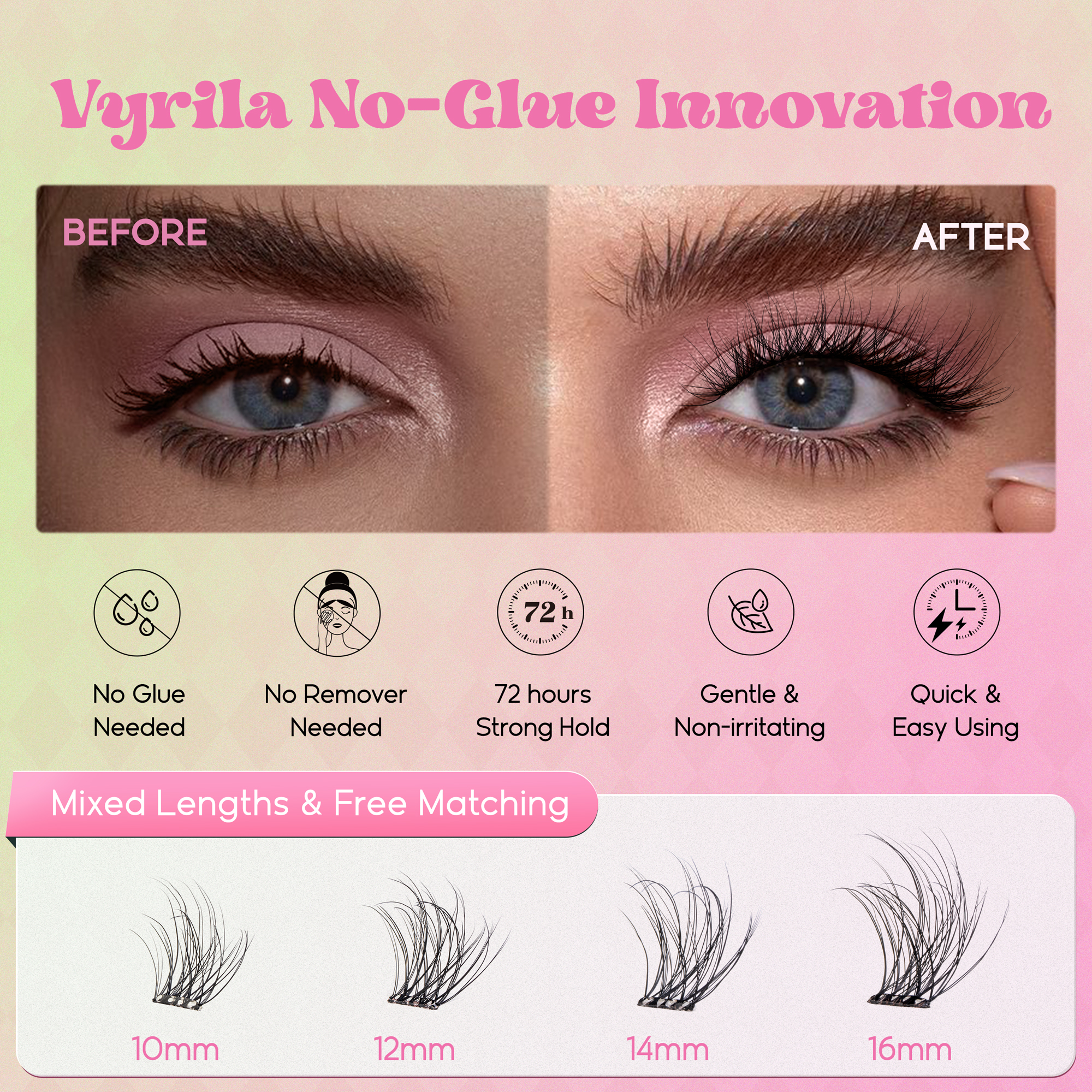 VYRILA Self Adhesive Lash Clusters No Glue Needed DIY Eyelash Extensions Portable Pre Glued-Hush Lashes