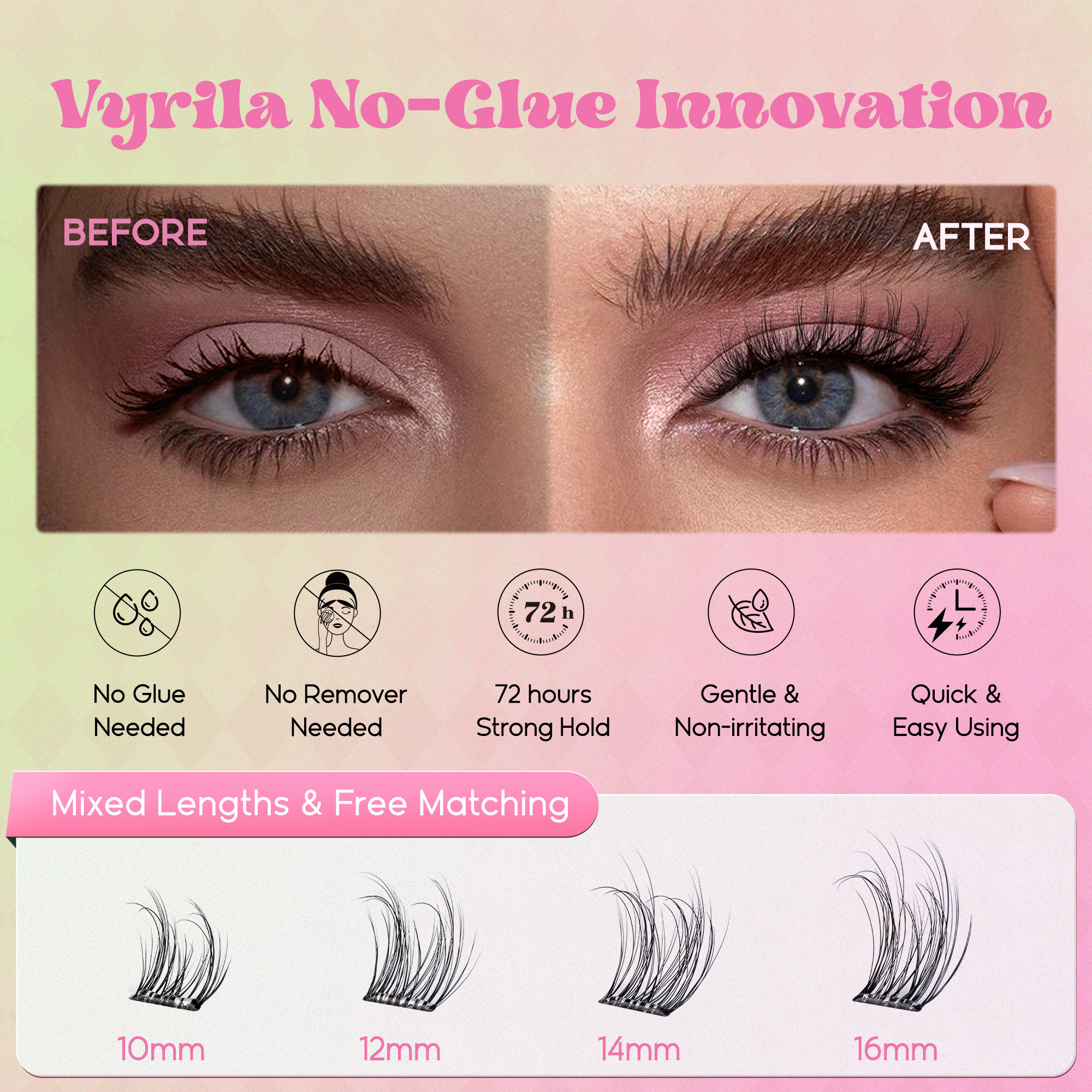 VYRILA Self Adhesive Lash Clusters No Glue Needed DIY Eyelash Extensions Portable Pre Glued-Charm Lashes