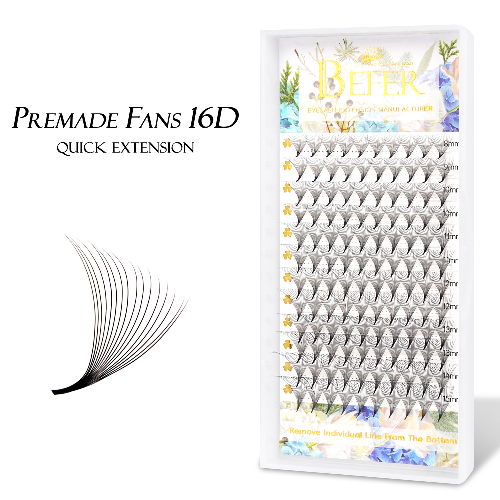 BEFER 16D Premade Fan Lashes Long Sharp Stem Pointy Base Premade Volume Fan 