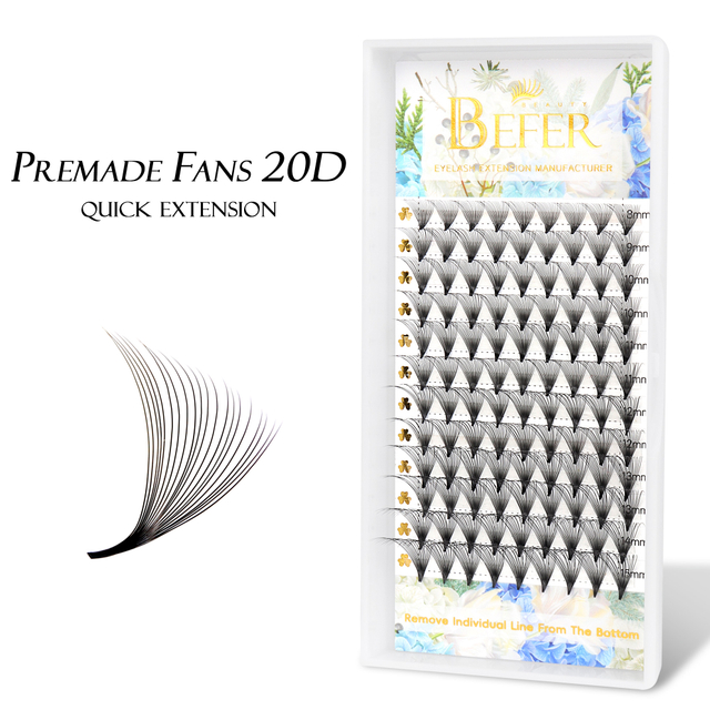 BEFER 20D Premade Fan Lashes Long Sharp Stem Pointy Base Premade Volume Fan 