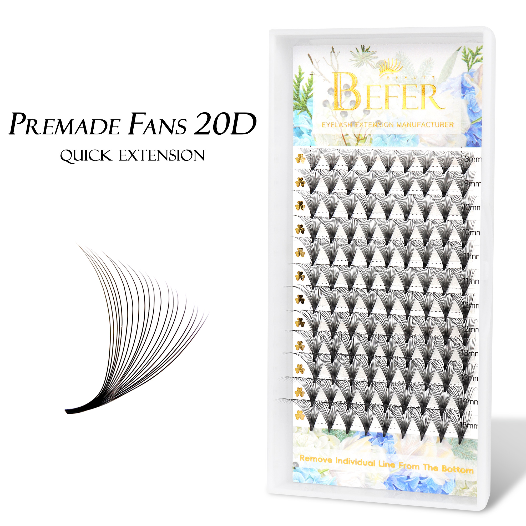 BEFER 20D Premade Fan Lashes Long Sharp Stem Pointy Base Premade Volume Fan 