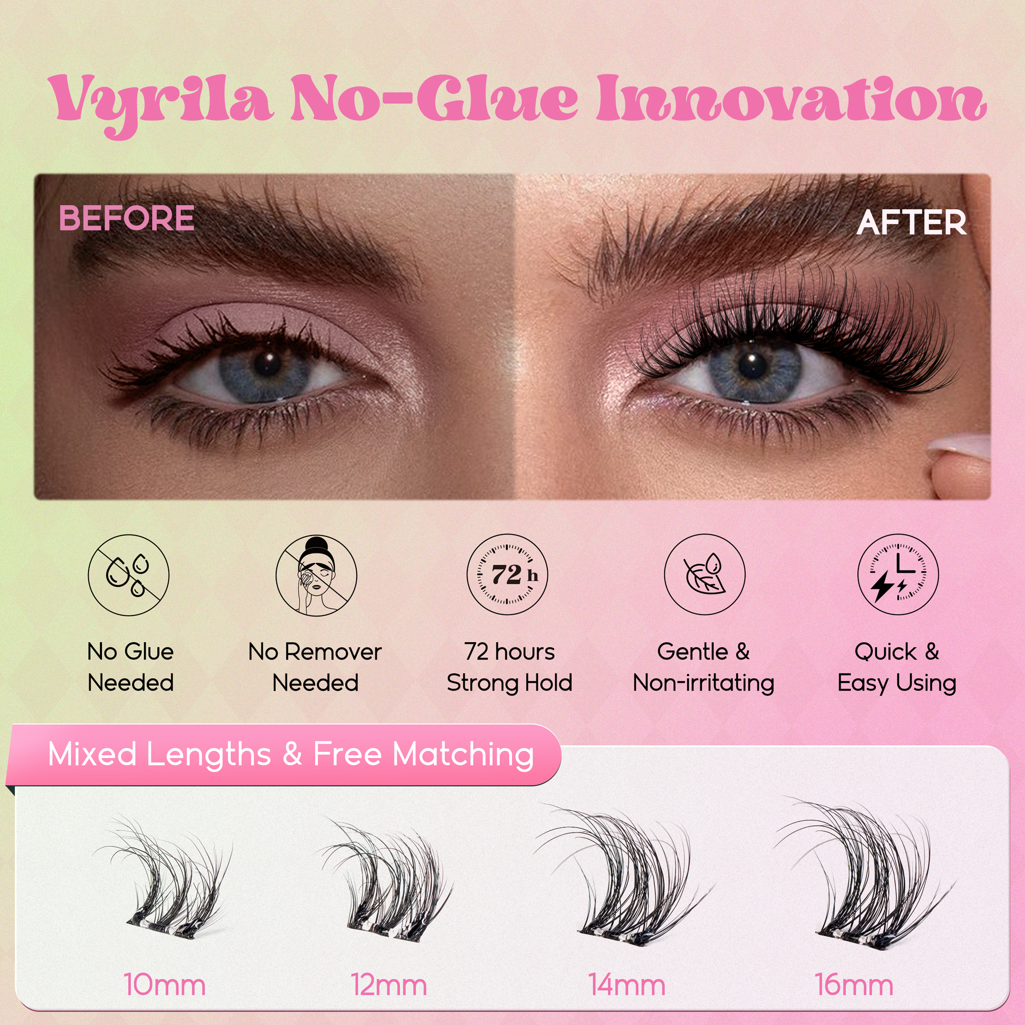 VYRILA Self Adhesive Lash Clusters No Glue Needed DIY Eyelash Extensions Portable Pre Glued-Soul Lashes