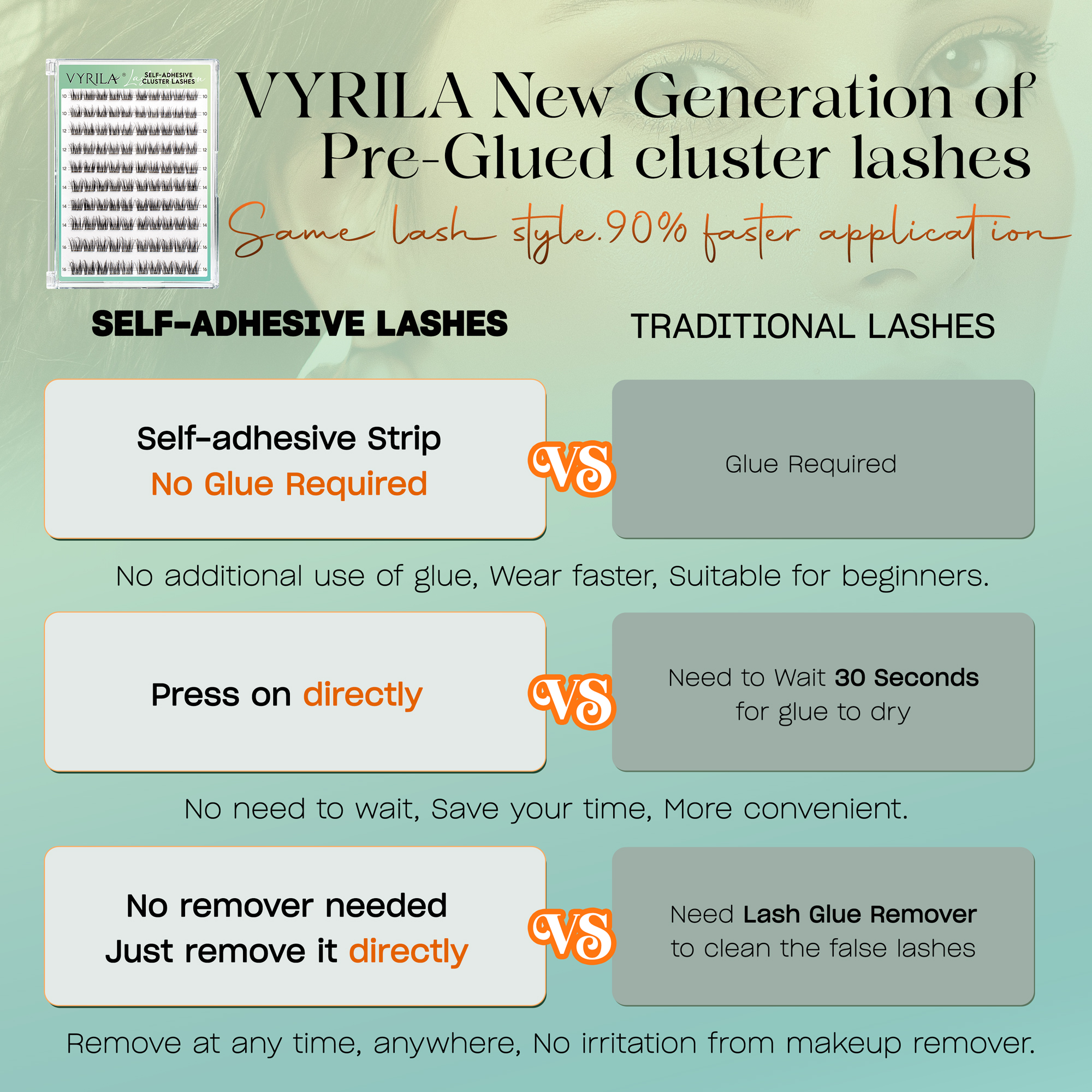 VYRILA Self Adhesive Lash Clusters No Glue Needed DIY Eyelash Extensions Pre Glued-Charm