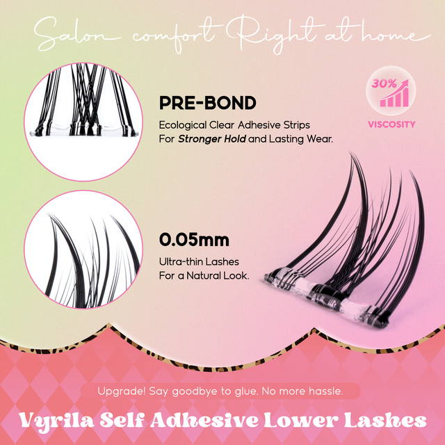 VYRILA Self Adhesive Bottom Lash Clusters No Glue Needed DIY Eyelash Extensions Portable Pre Glued Bottom Lashes ZE93