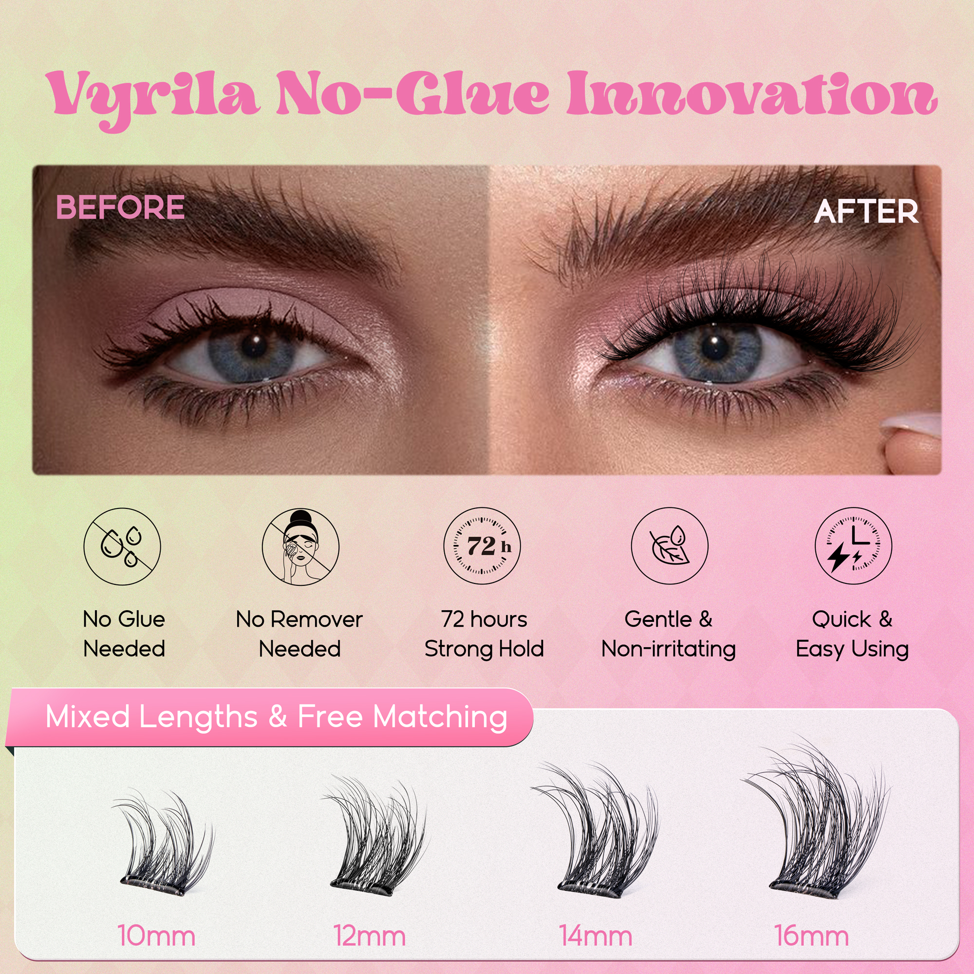 VYRILA Self Adhesive Lash Clusters No Glue Needed DIY Eyelash Extensions Portable Pre Glued-Joy Lashes