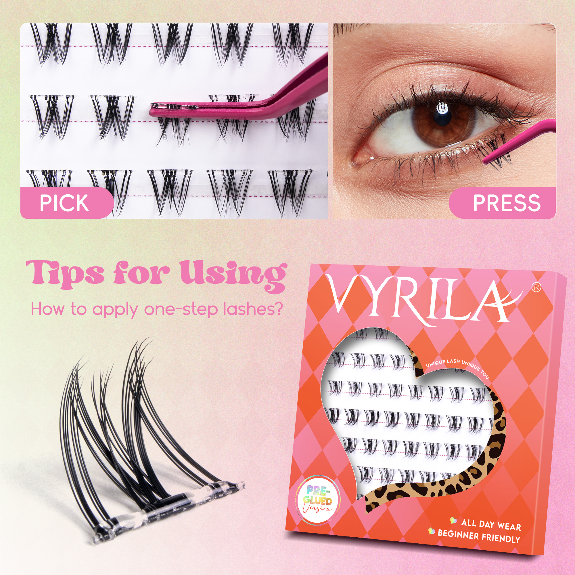 VYRILA Self Adhesive Bottom Lash Clusters No Glue Needed DIY Eyelash Extensions Portable Pre Glued Bottom Lashes ZE93