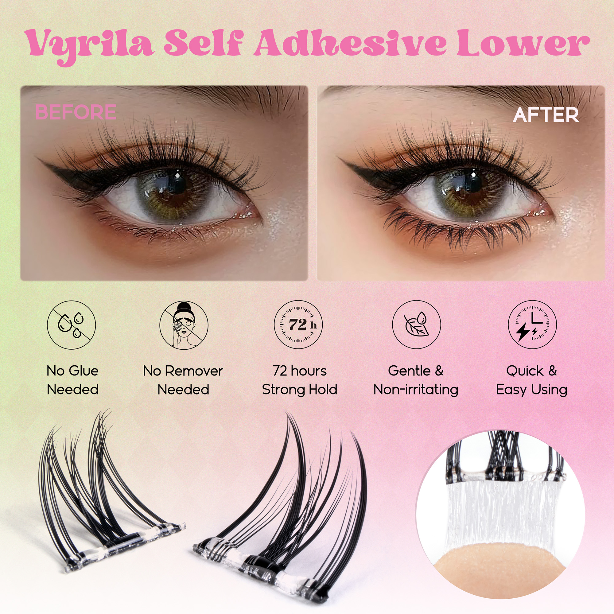 VYRILA Self Adhesive Bottom Lash Clusters No Glue Needed DIY Eyelash Extensions Portable Pre Glued Bottom Lashes ZE93