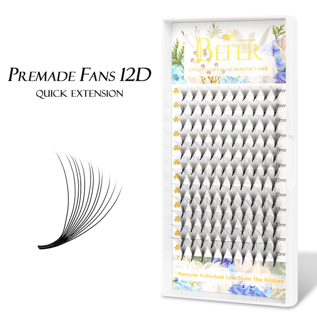 BEFER 12D Premade Fan Lashes Long Sharp Stem Pointy Base Premade Volume Fan 